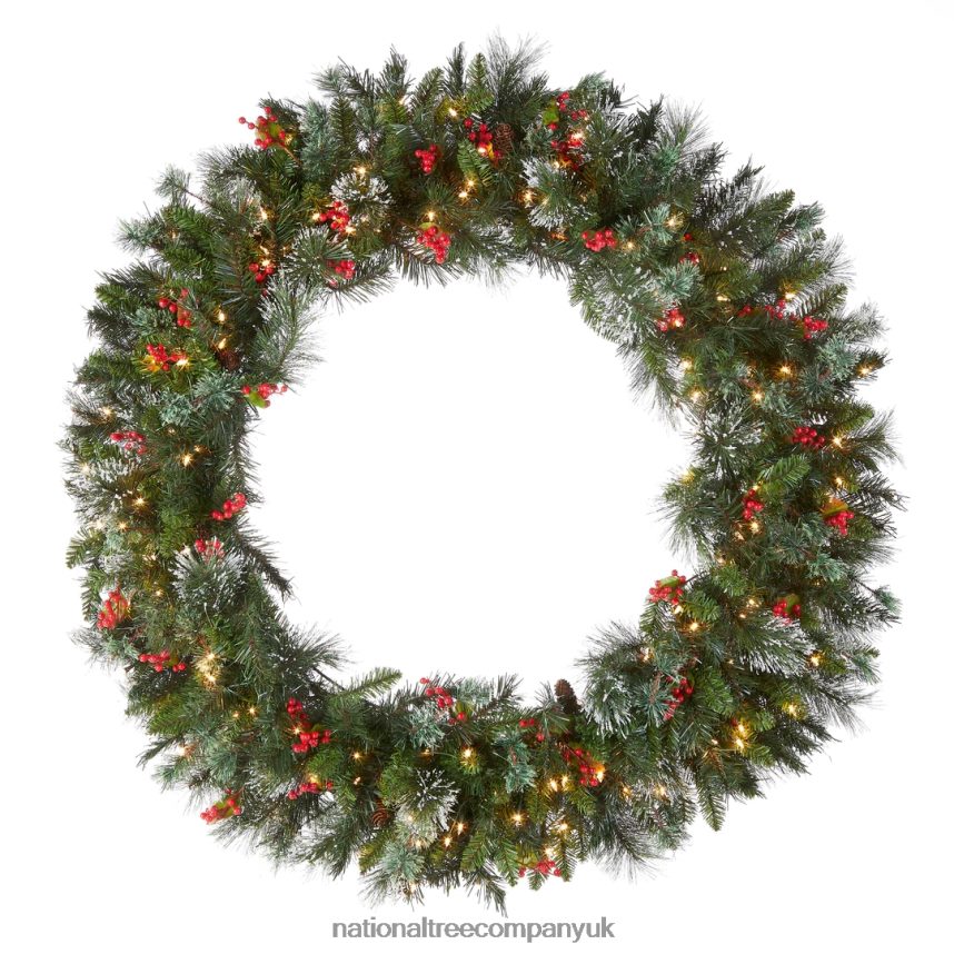 Greenery | National Tree Company Pre-Lit Artificial Christmas Wreath Green Wintry Pine White Lights Decorated with Pine Cones Berry Clusters Frosted Branches Christmas Collection 48 Inches F2L
